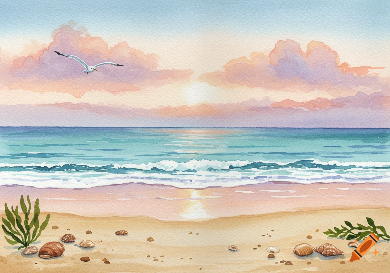 Watercolor painting of a serene beach at sunset with a seagull flying over the ocean and gentle waves.