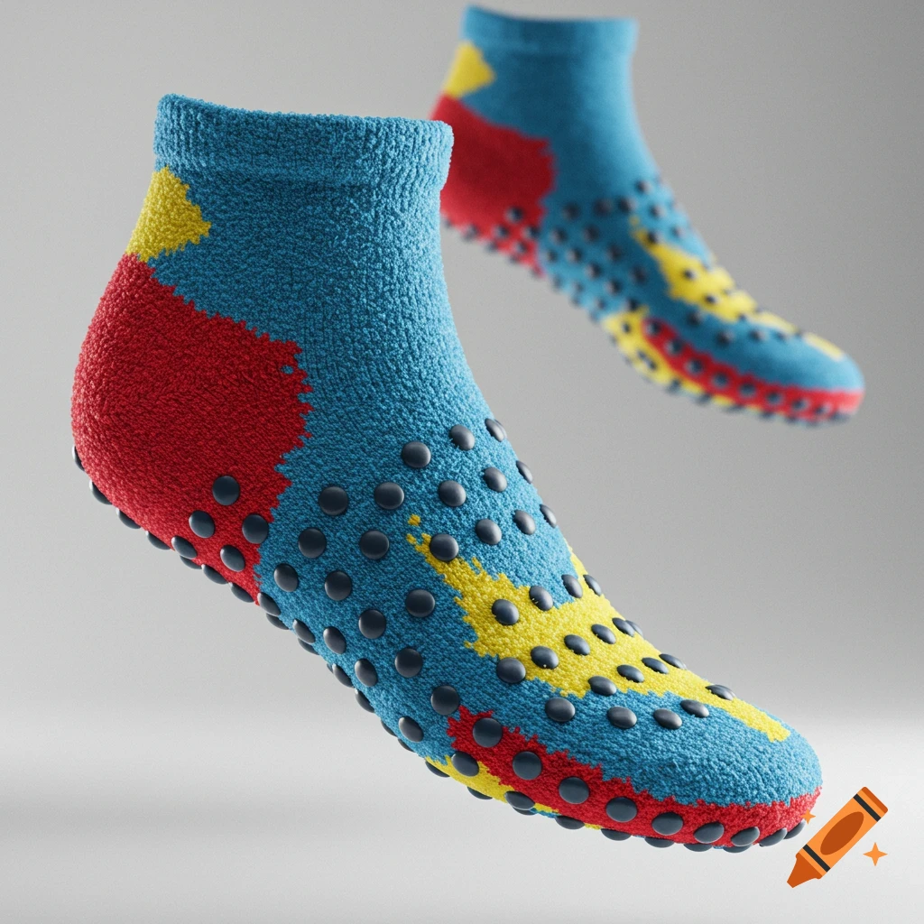 Photorealistic image of two colorful trampoline socks with grip dots.