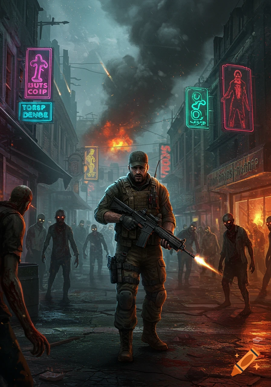 A soldier in tactical gear stands on a ruined street, aiming a rifle at a horde of zombies in a dark, apocalyptic city illuminated by neon signs and fires.