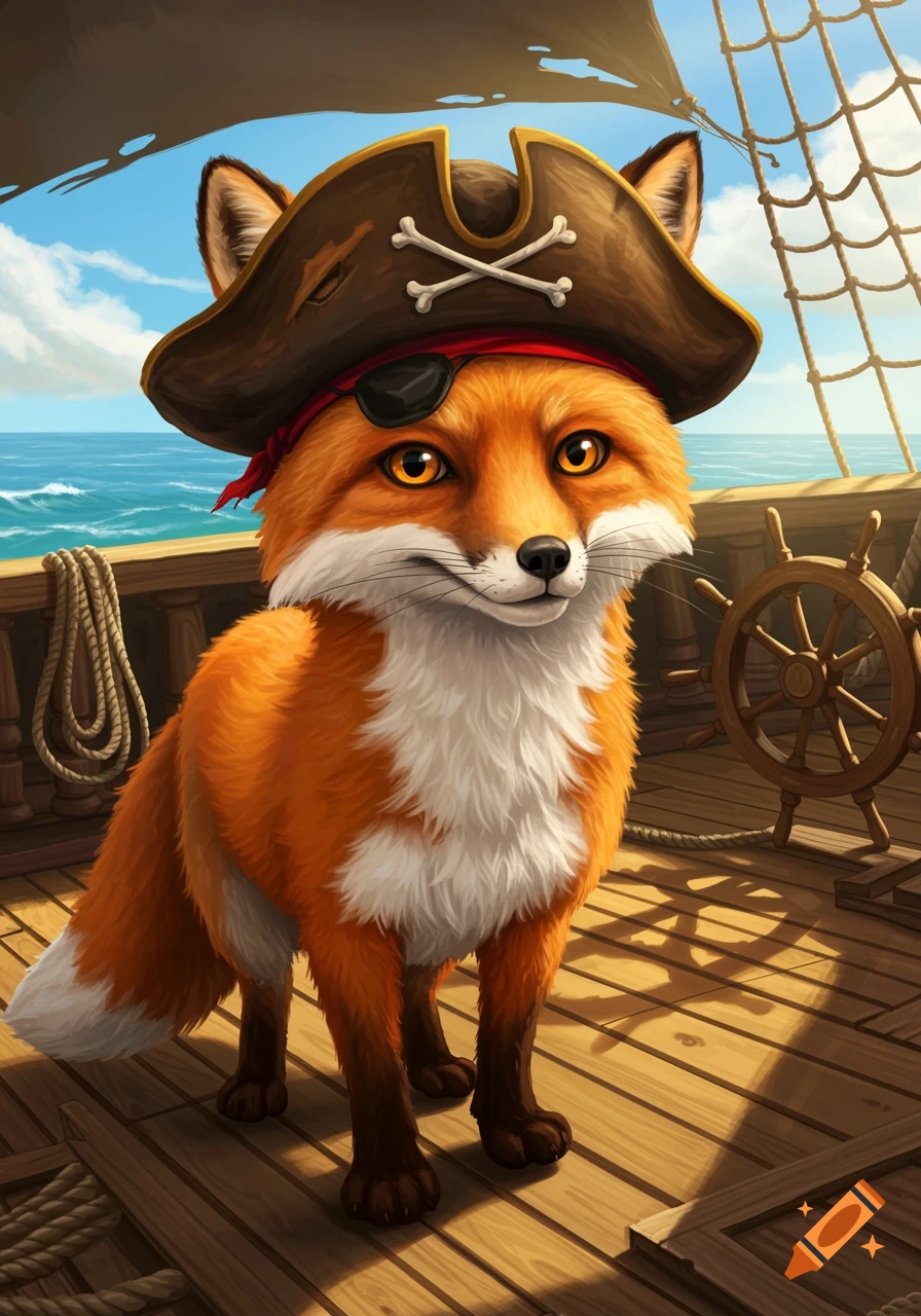 A charming red fox in a pirate hat and eye patch stands on a ship's wooden deck overlooking the blue ocean, detailed illustration.