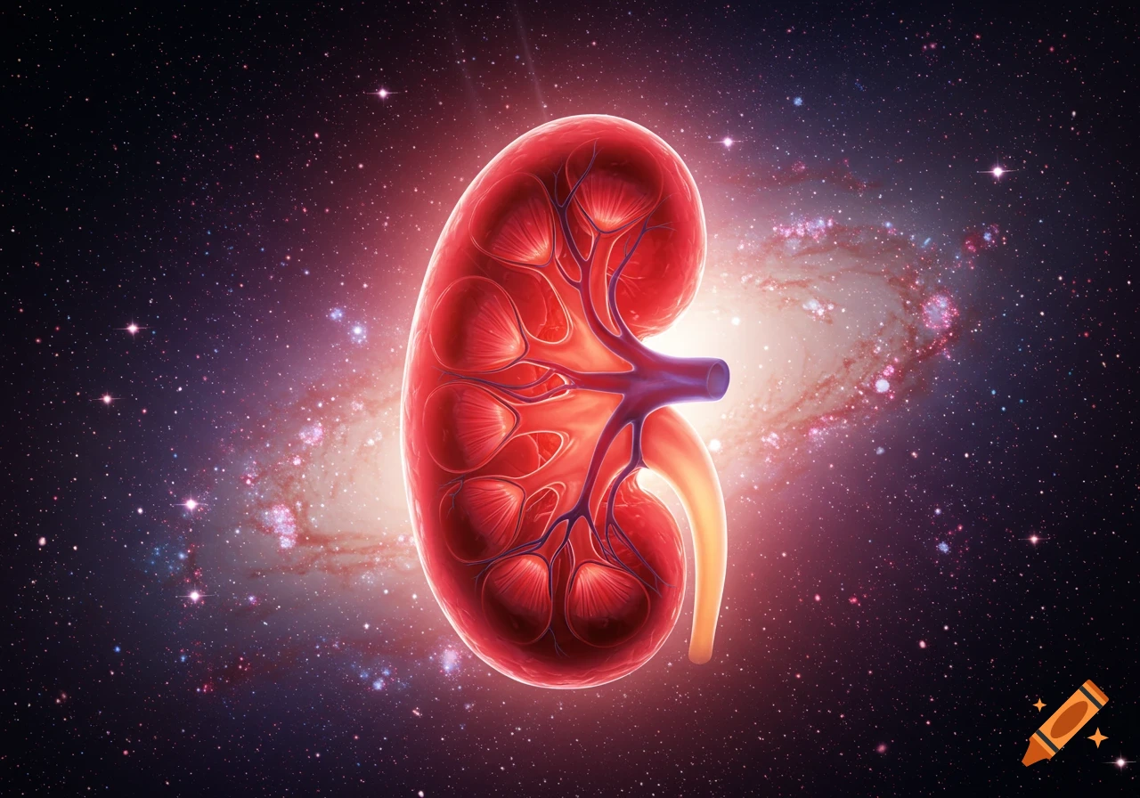 A glowing human kidney, detailed and anatomically rendered, floats amidst a starry cosmic background with a swirling galaxy.