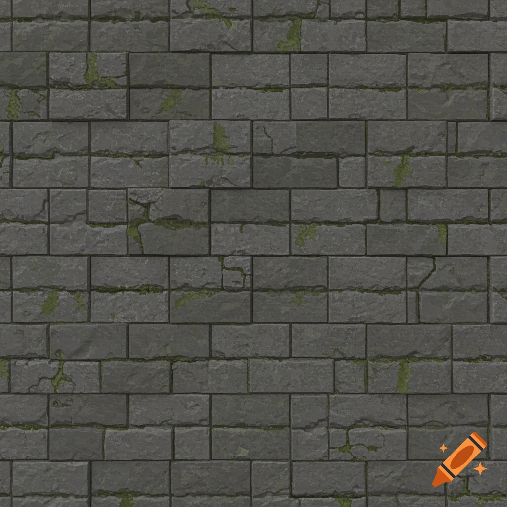 A seamless texture of a grey stone brick wall with green moss growing in cracks.