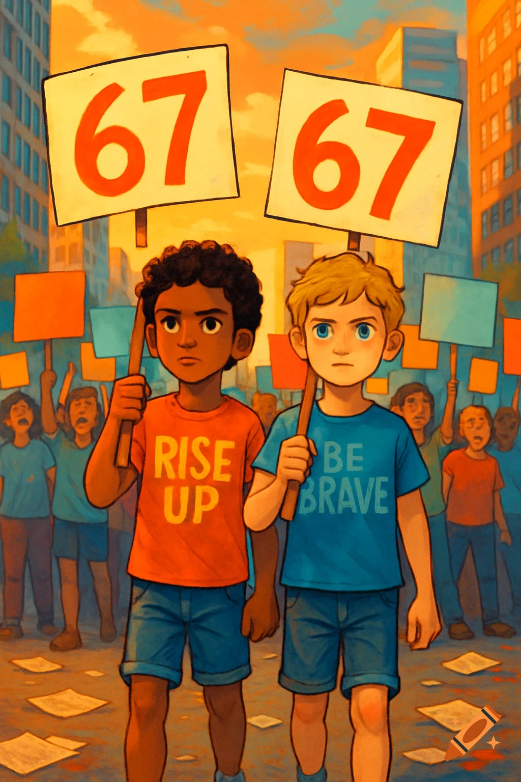 Cartoon illustration of two boys holding '67' protest signs, one wearing 'Rise Up' and the other 'Be Brave' shirts, in a crowd of protestors on a city street.