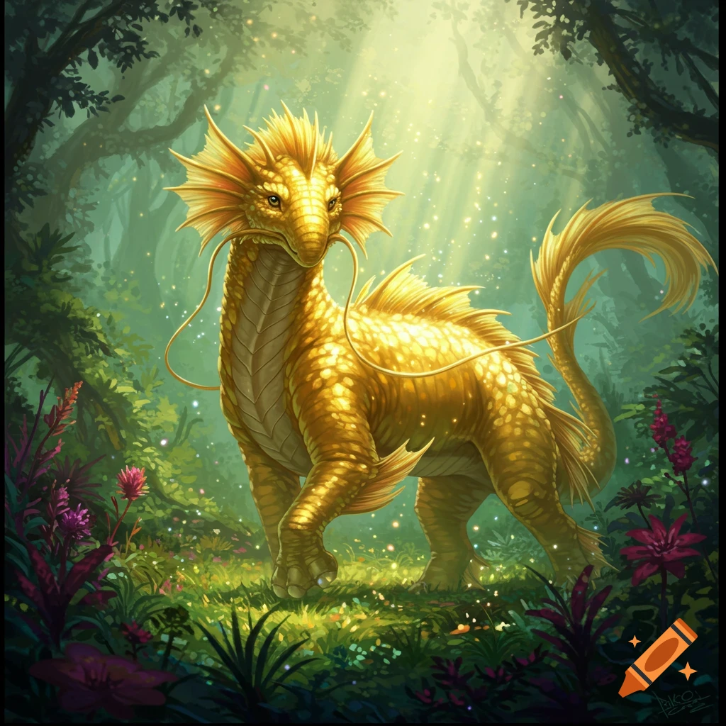 A golden scaled and finned fantasy creature stands in a lush, sunlit forest.