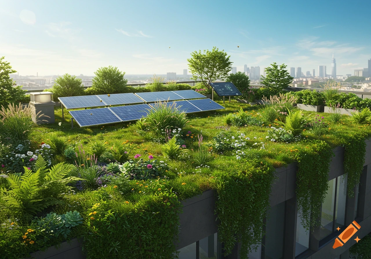 Photorealistic image of a lush green rooftop garden with solar panels and diverse plants, overlooking a city skyline.