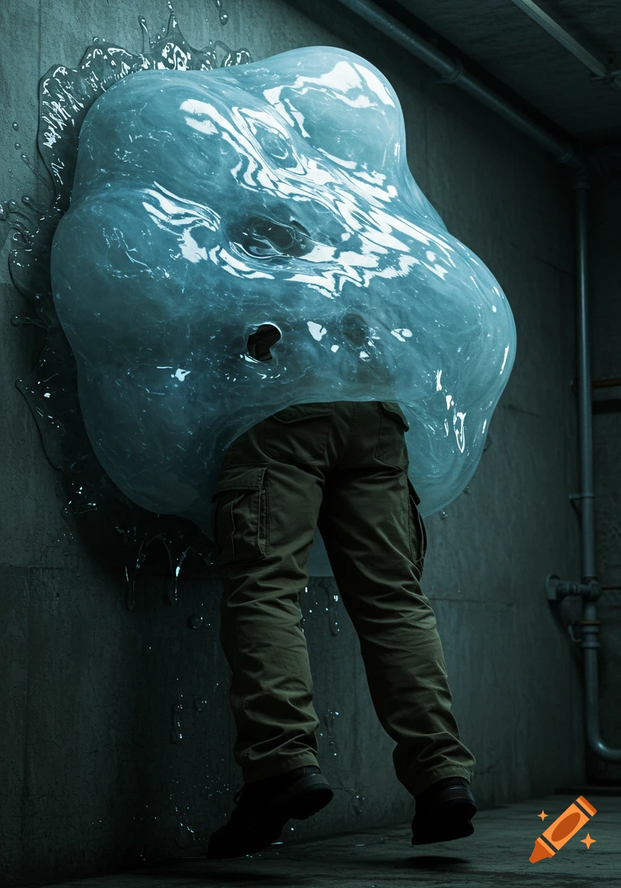 A large, translucent blue blob-shaped slime clings to a dark wall, partially engulfing the lower body of a person in khaki cargo pants.