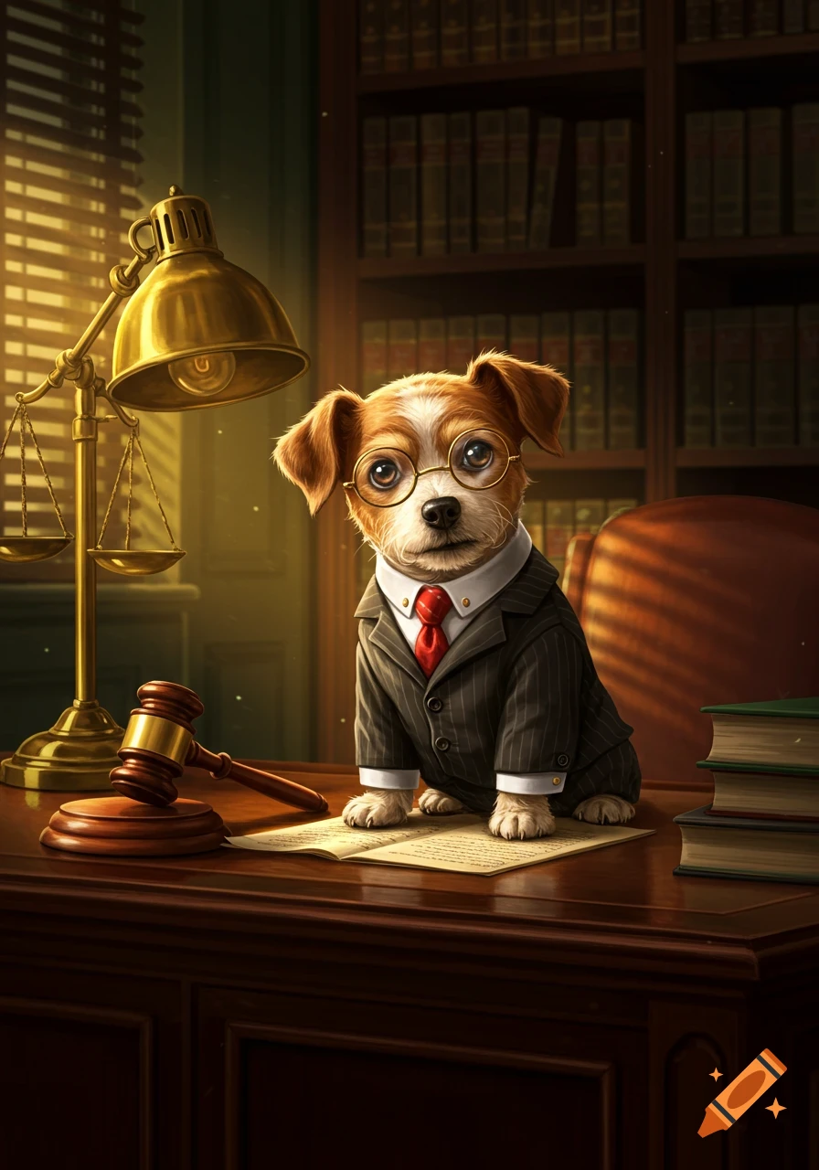 A cute dog wearing a pinstripe suit and glasses sits at a desk with a gavel, lamp, and books in a law office.