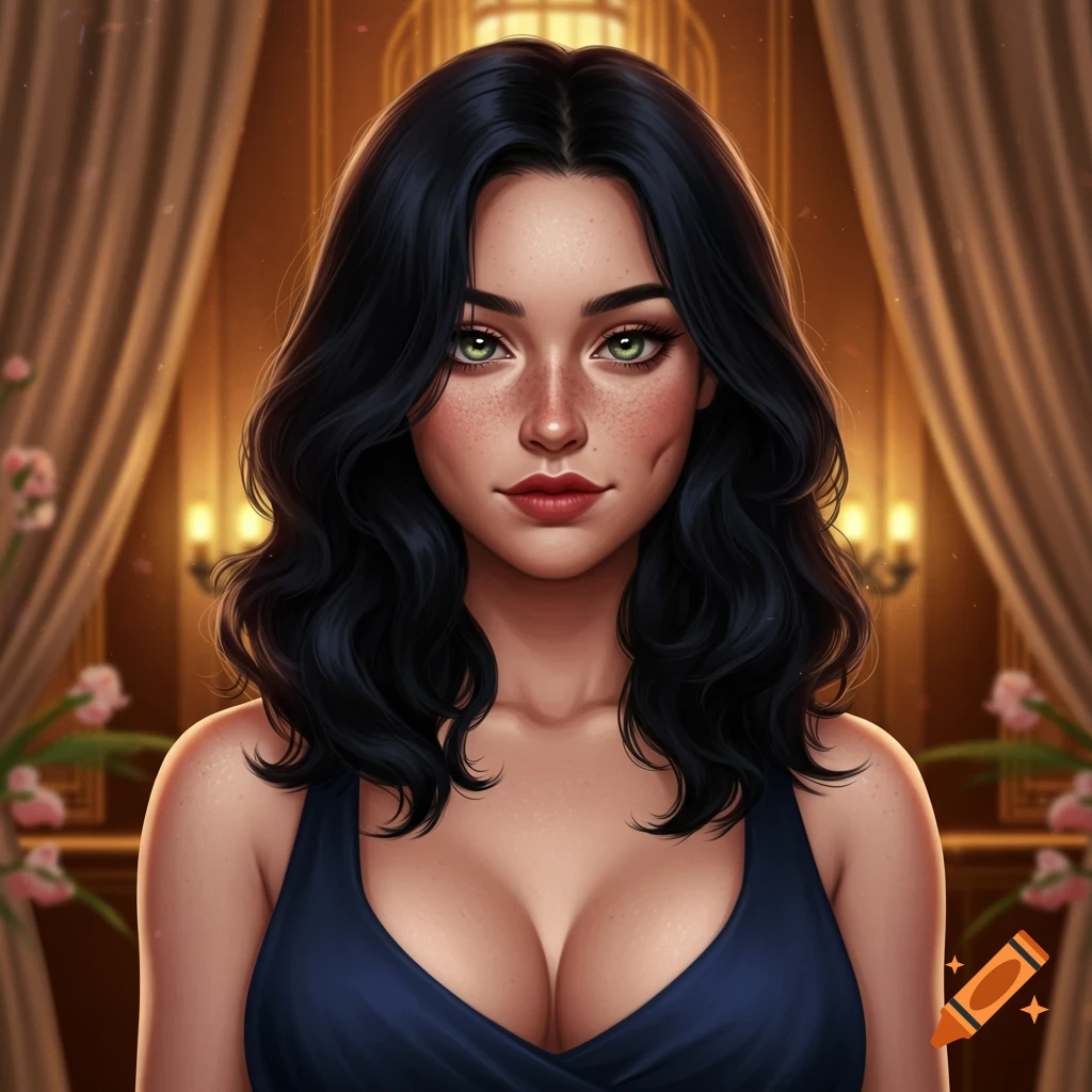 Digital art portrait of a woman with black wavy hair, green eyes, freckles, and dimples, wearing a dark blue dress in a warm, ornate room.