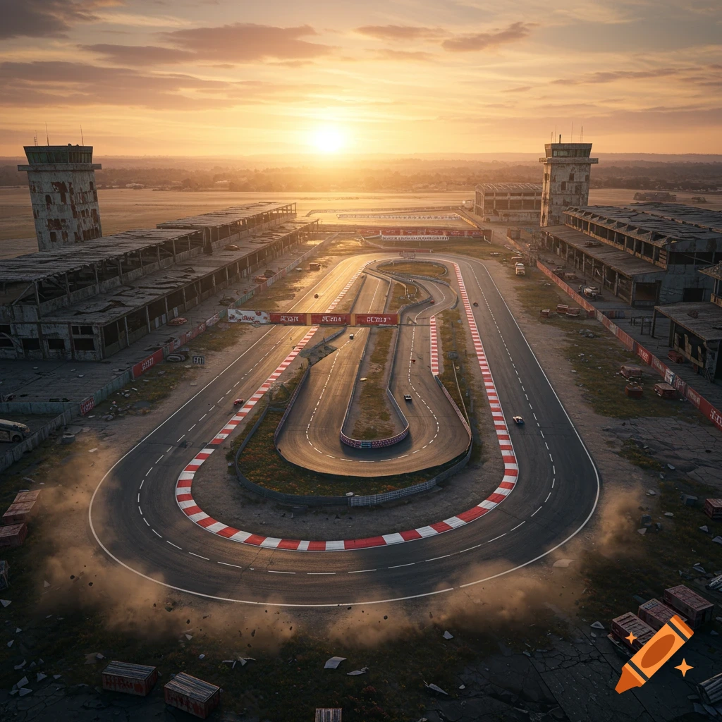 An aerial view of an abandoned race track built on an old airbase, bathed in the warm light of a sunset.
