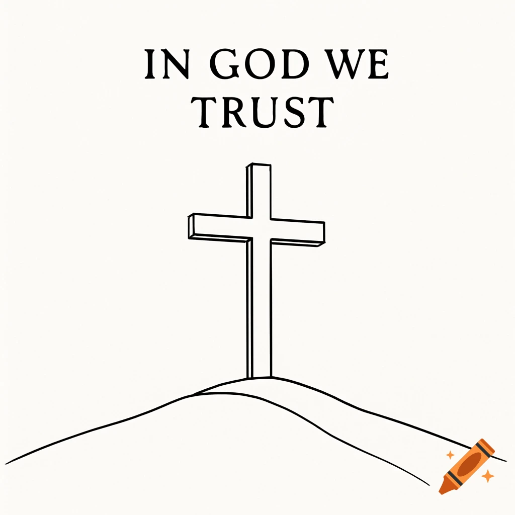 A minimalist line art drawing depicting a Christian cross on a hill with the words IN GOD WE TRUST above it.