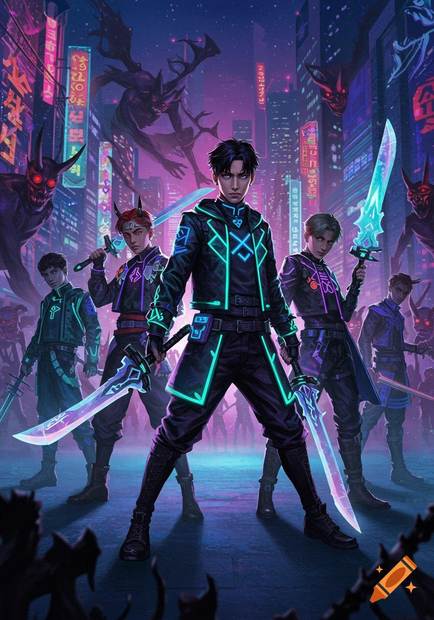 Digital illustration of young men in glowing cyberpunk outfits holding swords, facing shadowy demons in a neon-lit city at night.
