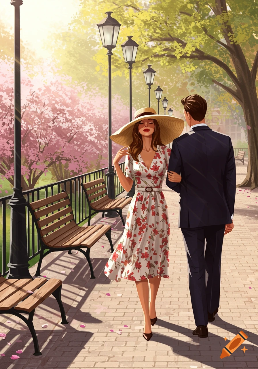 A woman in a floral dress and wide-brimmed hat strolls arm-in-arm with a man in a suit down a sunny park path with blossoming trees.
