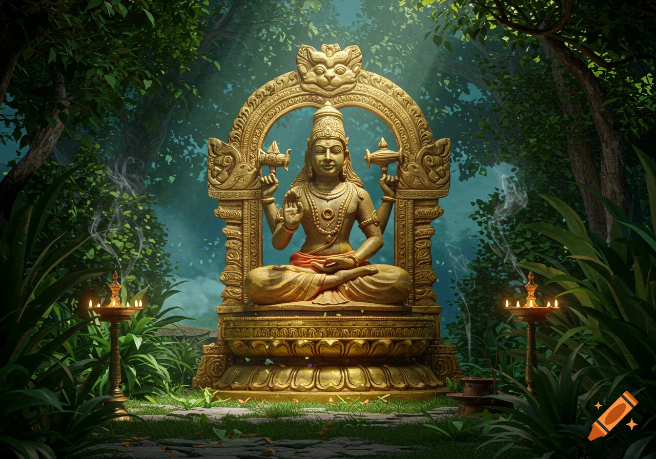 A golden statue of a multi-armed Hindu deity, possibly Ayyappa, seated in a lush forest clearing with ornate oil lamps.