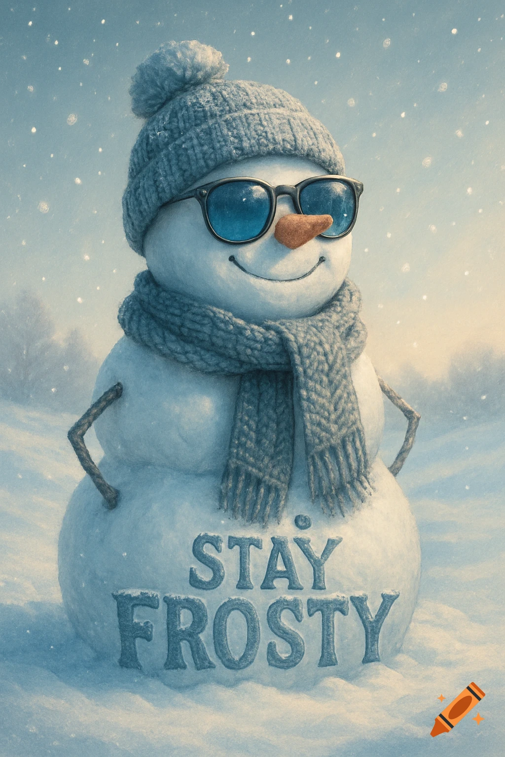 A cool snowman wearing a blue knitted hat and scarf, with sunglasses, stands in a snowy landscape. The text 'STAY FROSTY' is on its body.