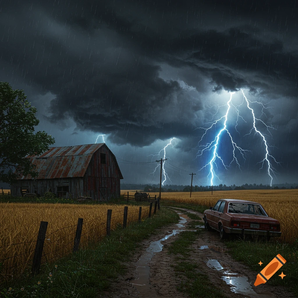 A dramatic thunderstorm with multiple lightning strikes illuminates a dark sky over a rural field with an old barn and a vintage car on a muddy dirt road.