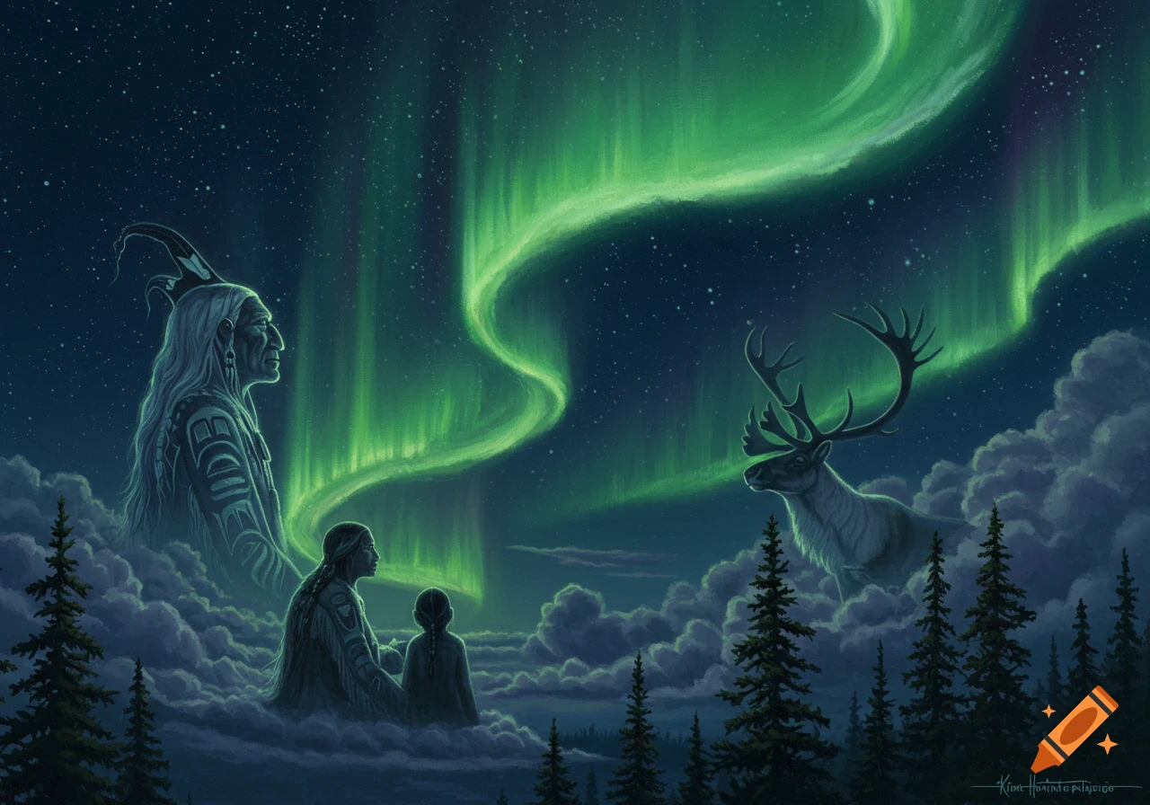 Painting of a ghostly Indigenous elder and two figures in clouds watching the Northern Lights and a large caribou against a starry night sky with pine trees.