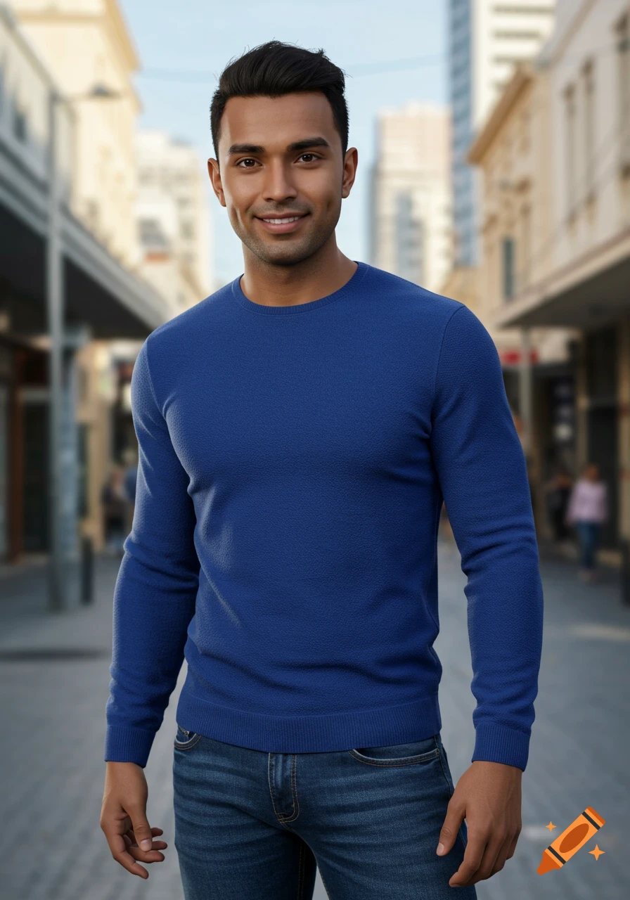 A smiling man with dark hair and dimples, wearing a royal blue sweater and jeans, stands on an urban street.