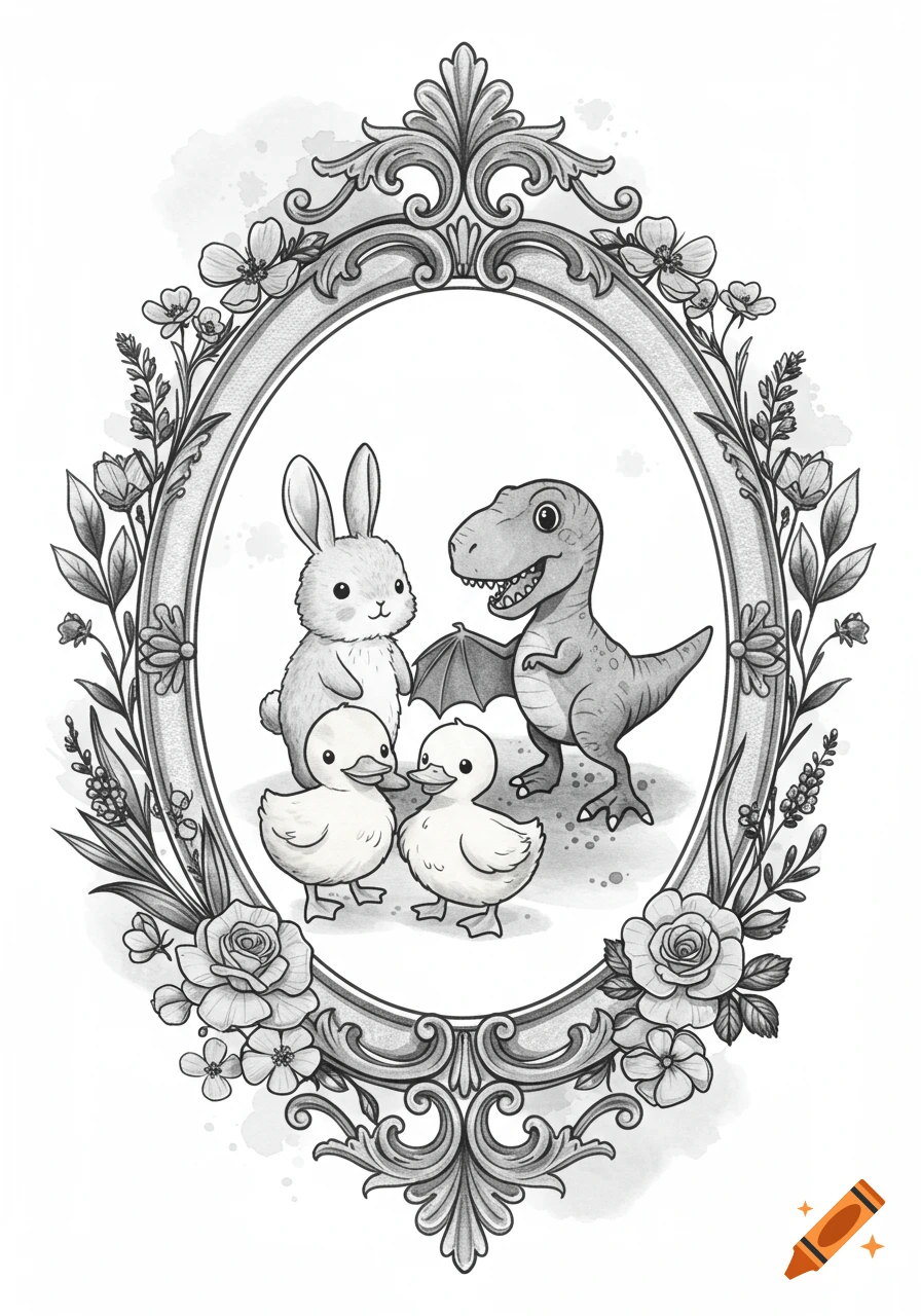A black and white illustration of a cute bunny, two ducklings, and a cartoon T-Rex with a small wing inside an ornate oval floral frame.
