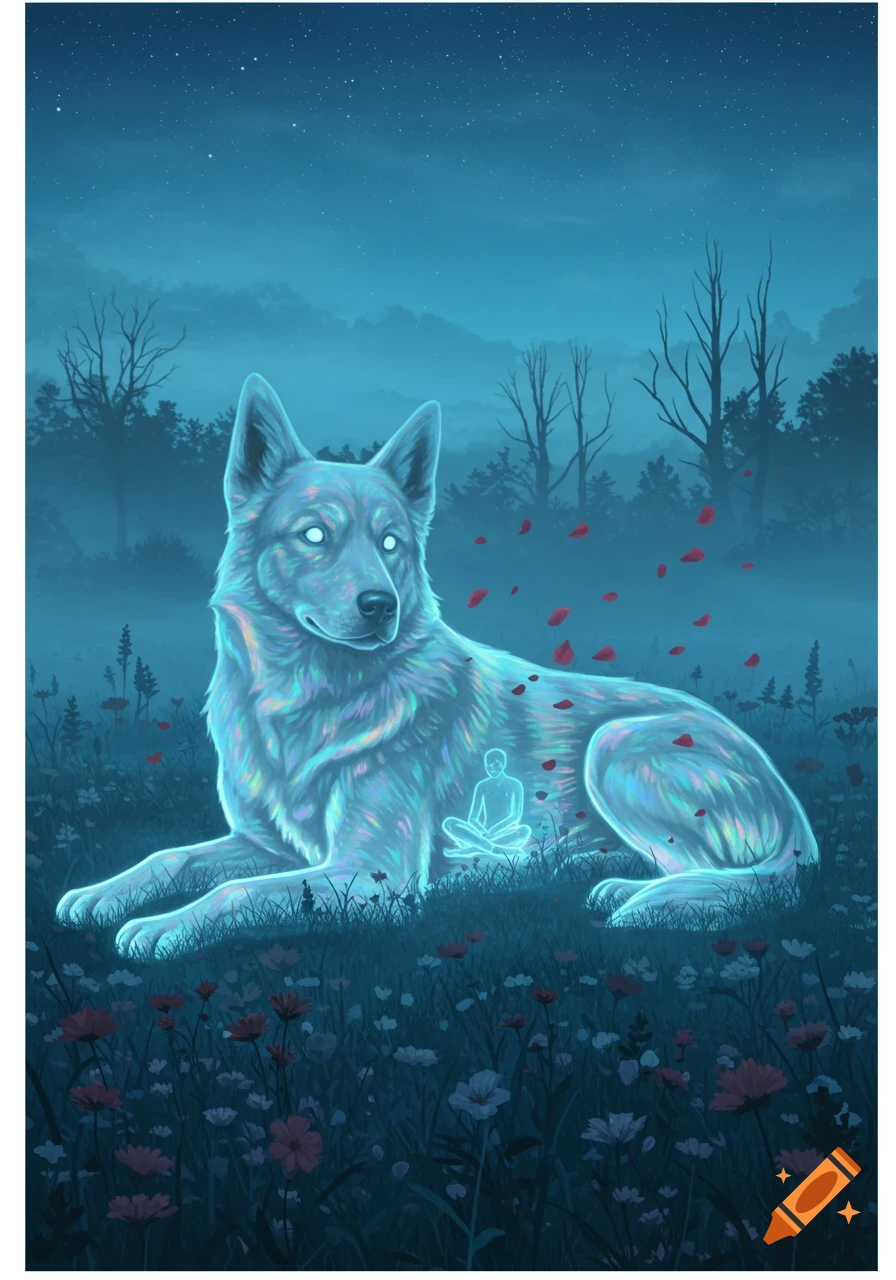 A glowing, spectral wolf lies in a moonlit field of flowers, with a small, meditating human figure visible within its body.