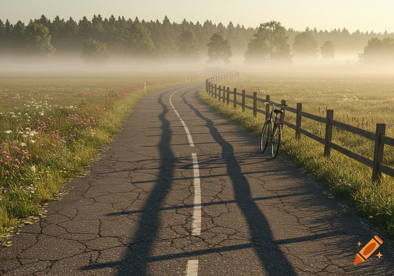 Photorealistic image of a winding paved road with a white line, a wooden fence, and a bicycle on a misty morning in a rural landscape with wildflowers and trees.