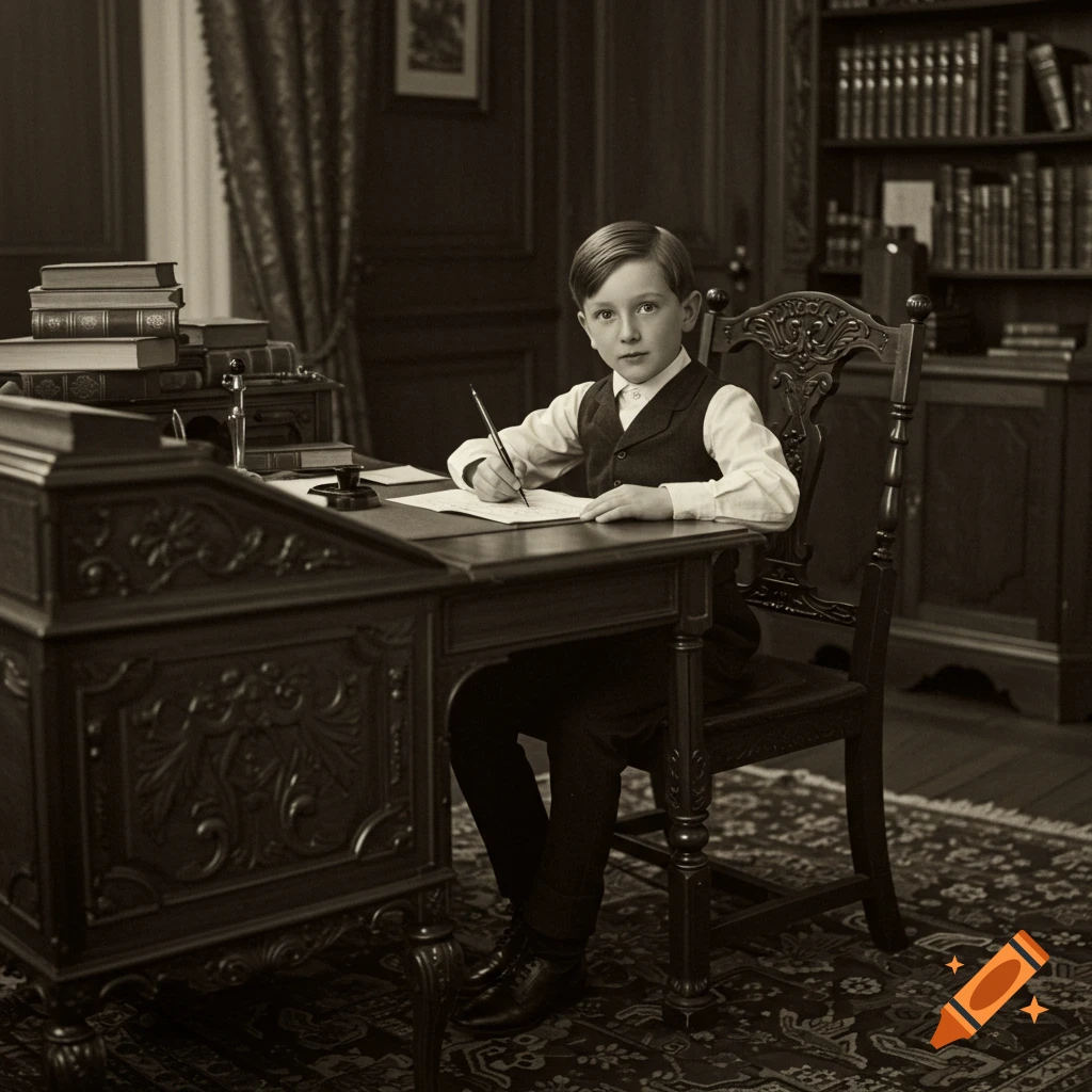 A sepia-toned photo of a young boy sitting at a wooden desk, writing on paper with a pen, looking at the camera. Books are stacked on the desk and a bookshelf is in the background.
