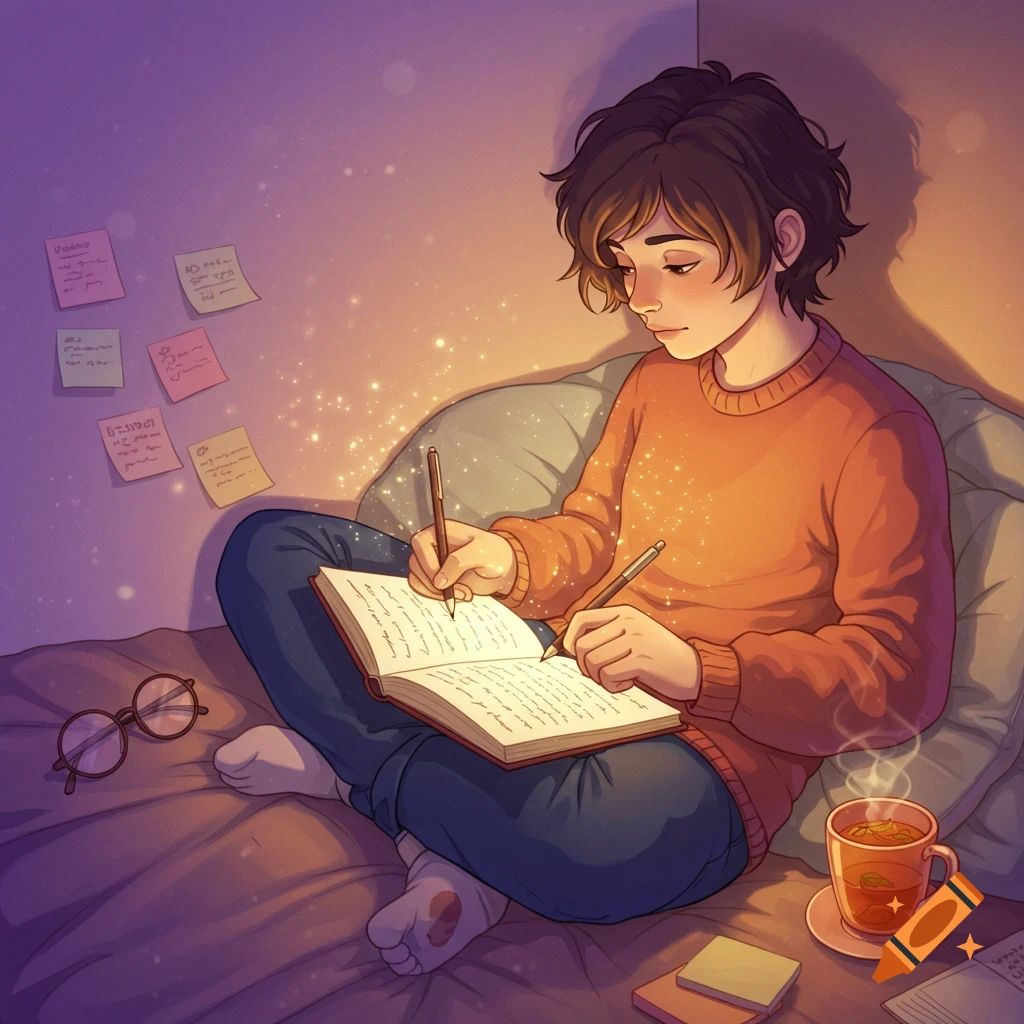 A youth with short brown hair sits on a bed, writing in a journal with two pens. Sticky notes are on the wall, and a cup of tea is nearby. Illustrated.