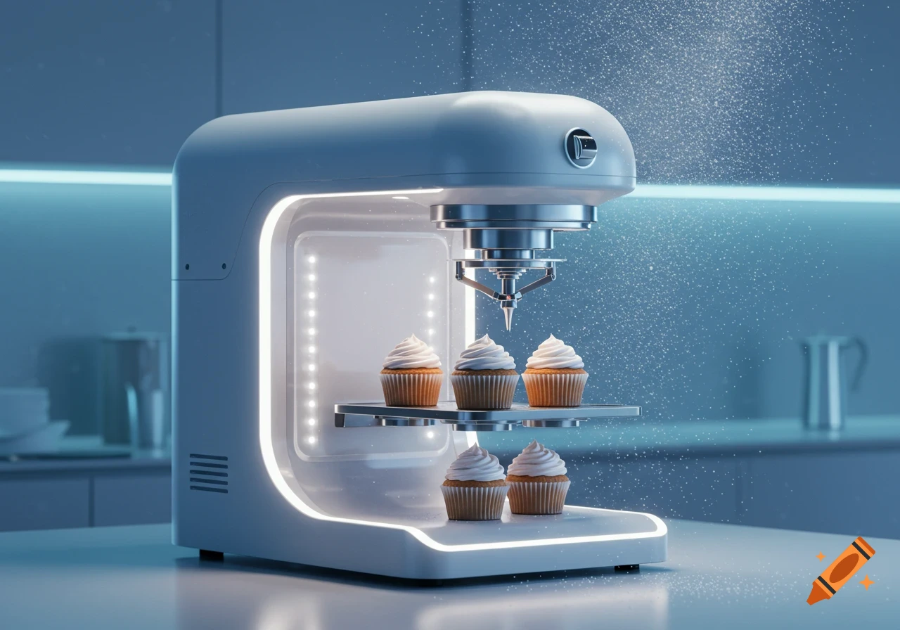 A futuristic, sleek white machine dispenses powder onto cupcakes in a modern kitchen with blue lighting.