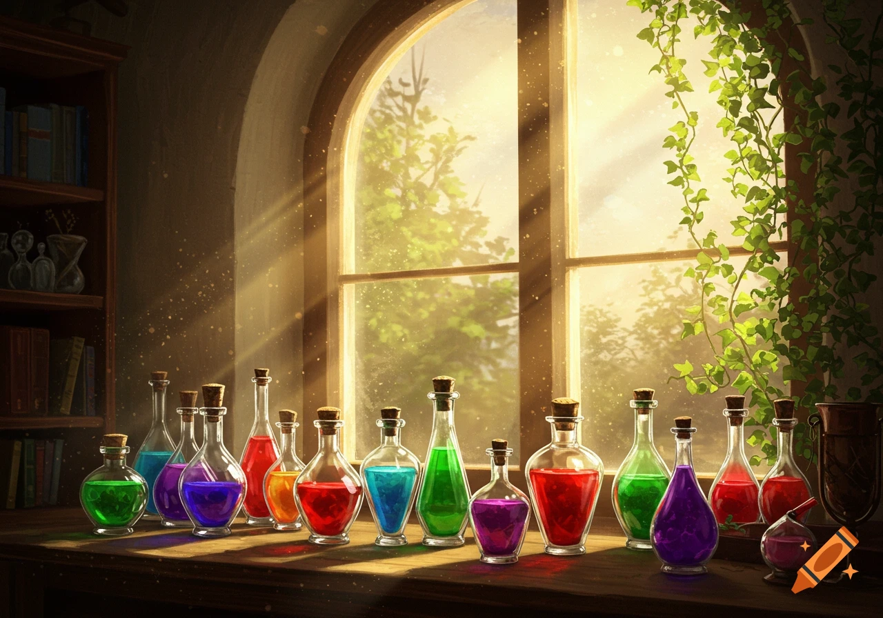 Colorful potion bottles on a wooden table in a sunlit room with a large arched window and ivy.
