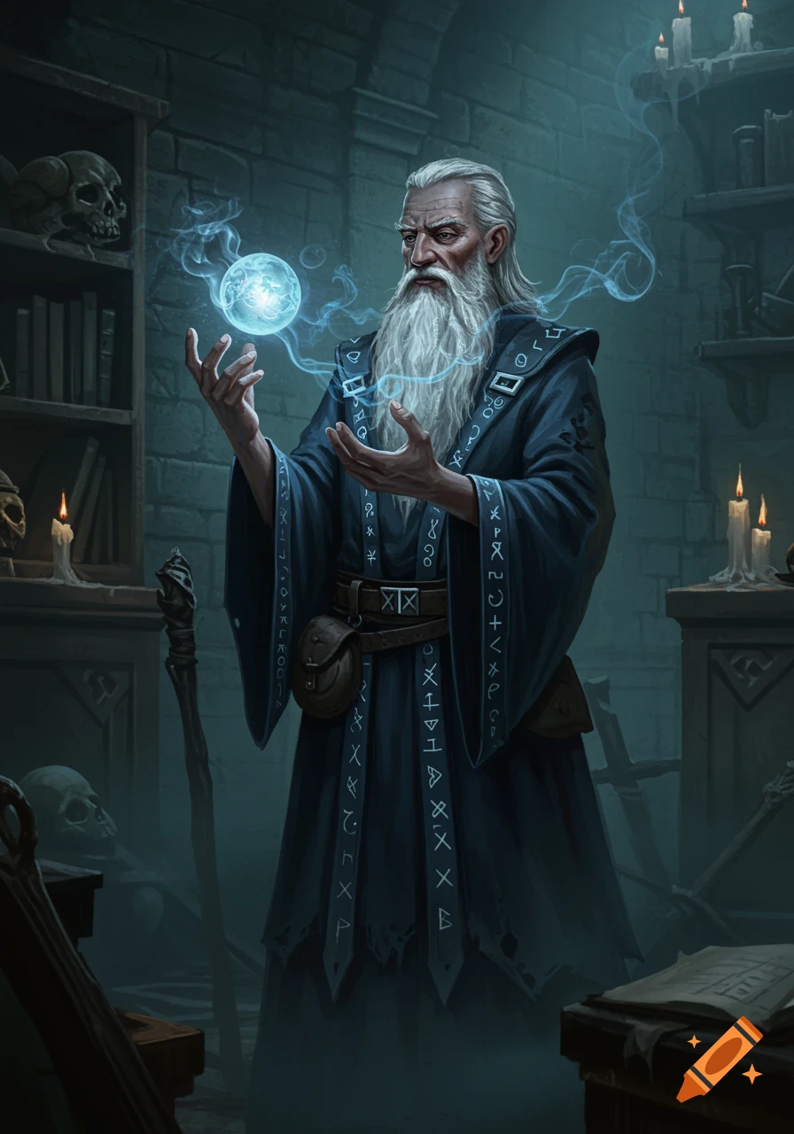 A wise, bearded wizard in a dark robe gazes at a glowing magical orb in a dimly lit, skull-filled stone chamber.