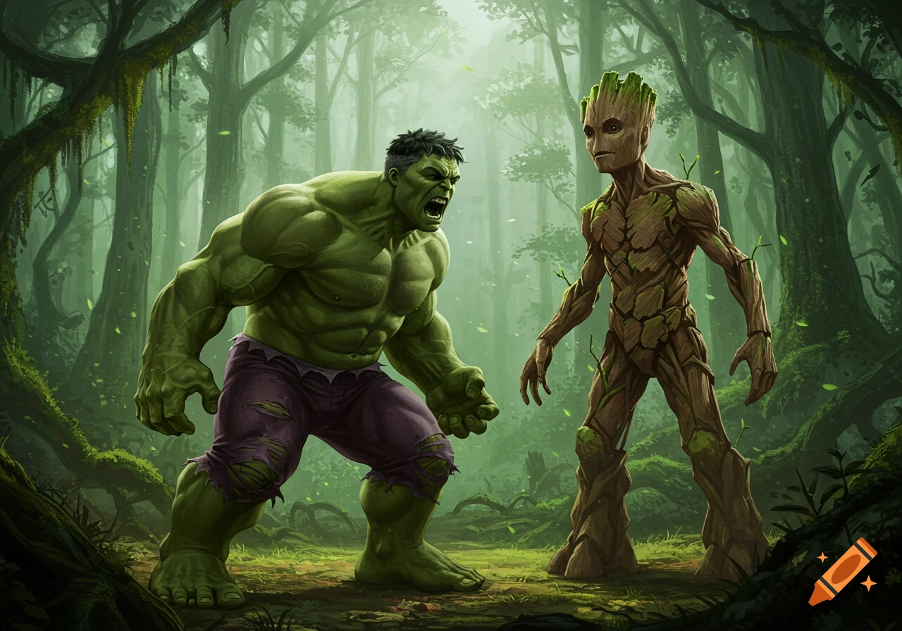 Angry Hulk yells at a calm Groot in a vibrant, lush green forest illustration.
