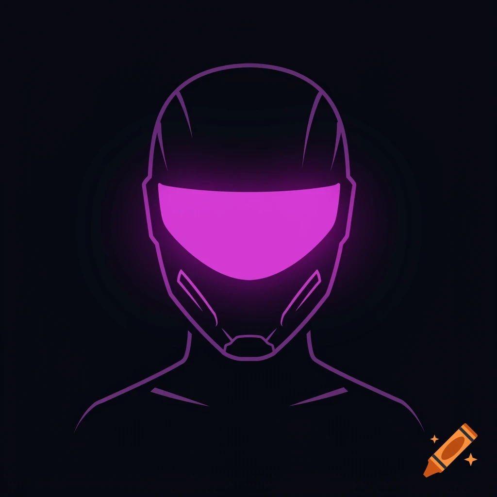 A minimalist icon of a futuristic helmet with a glowing neon purple visor on a black background.