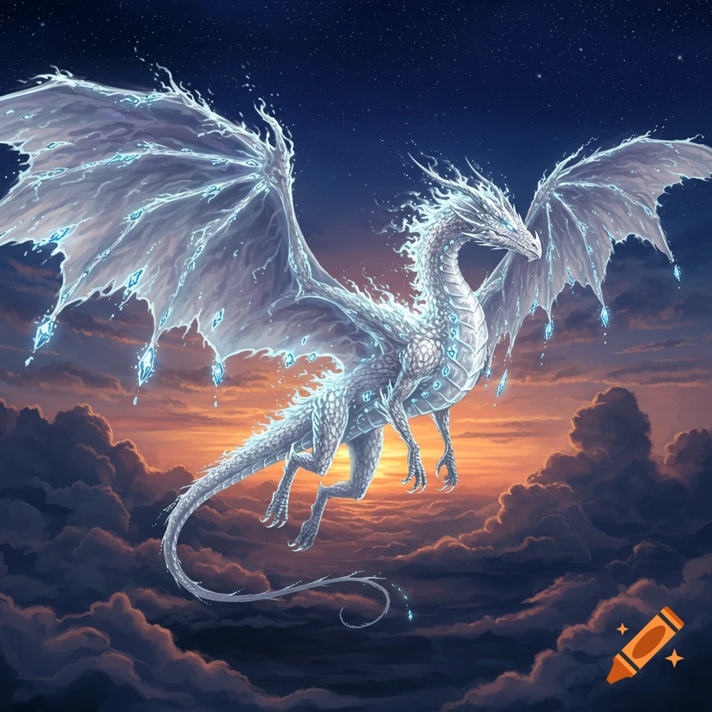 A majestic white dragon with glowing ice-shard wings flies through a twilight sky with clouds and stars.