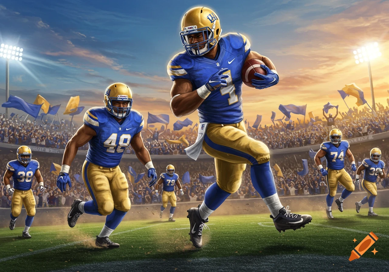 Dynamic illustration of a football player in a blue and gold uniform running with the ball on a field, with teammates and cheering fans in a stadium under a dramatic sky.