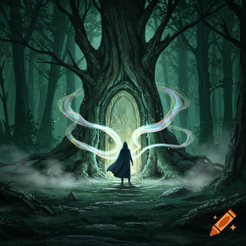 A hooded figure stands before a glowing, ornate door in the trunk of a massive, ancient tree in a dark, mystical forest, surrounded by swirling light.