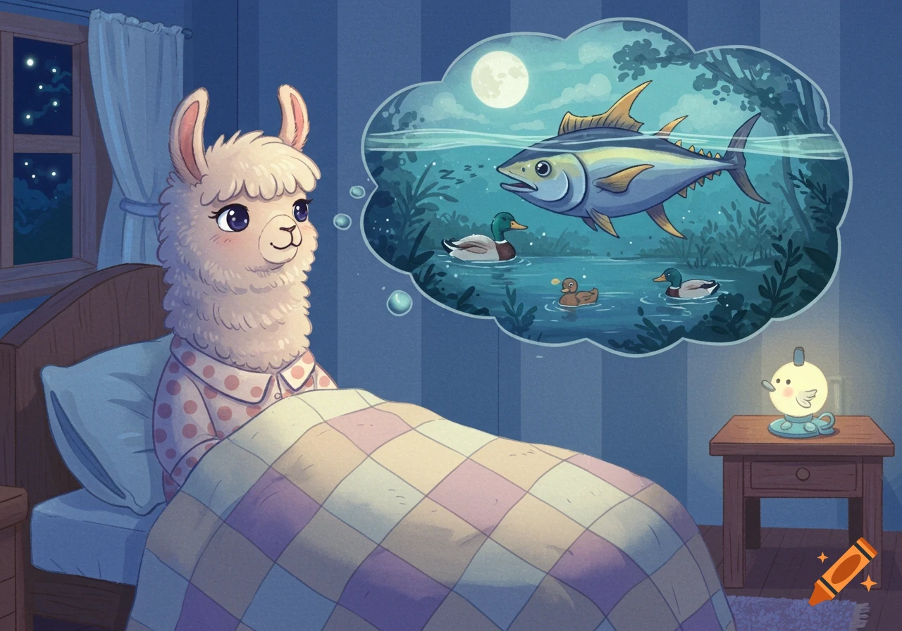 An anime-style llama in polka dot pajamas lies in bed at night, dreaming of a large fish and ducks swimming under a full moon.