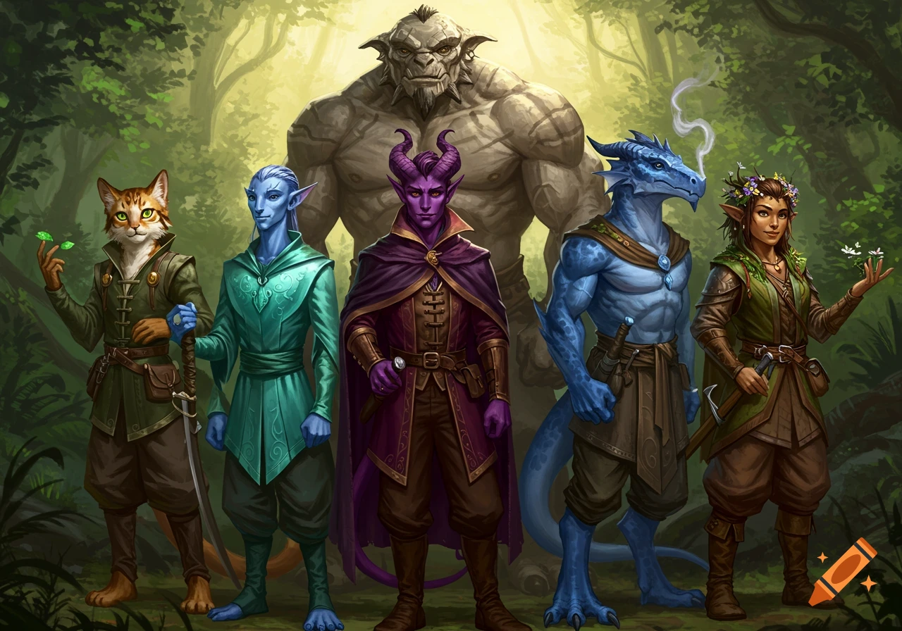 Painted fantasy characters: purple tiefling, calico tabaxi, blue vedelken, blue dragonborn, fribolg druid, and goliath, in a forest.