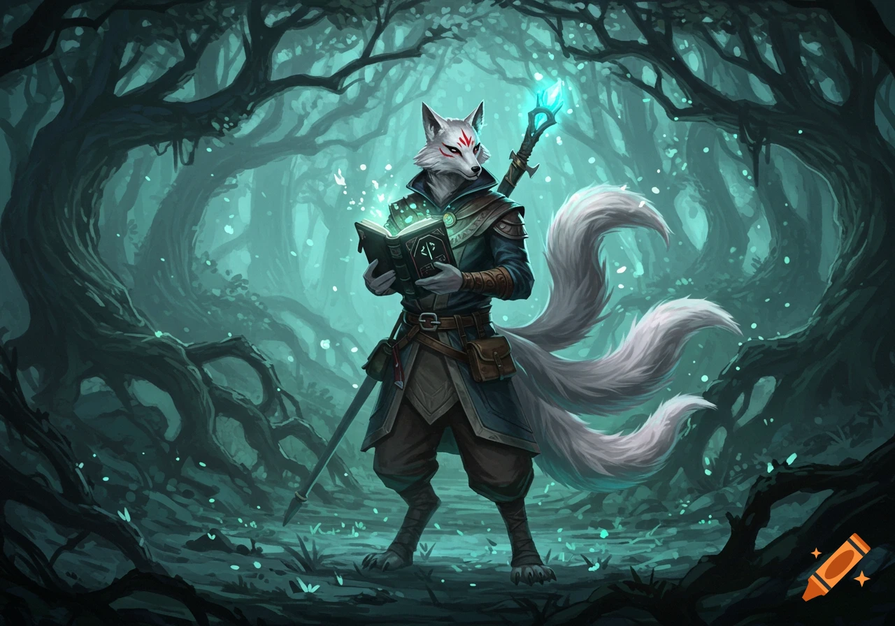 A white-furred kitsune Pathfinder, dressed in a cloaked robe, stands in a mystical forest, reading a glowing, ancient tome with ethereal light emanating from it. He holds a staff with a glowing blue tip.