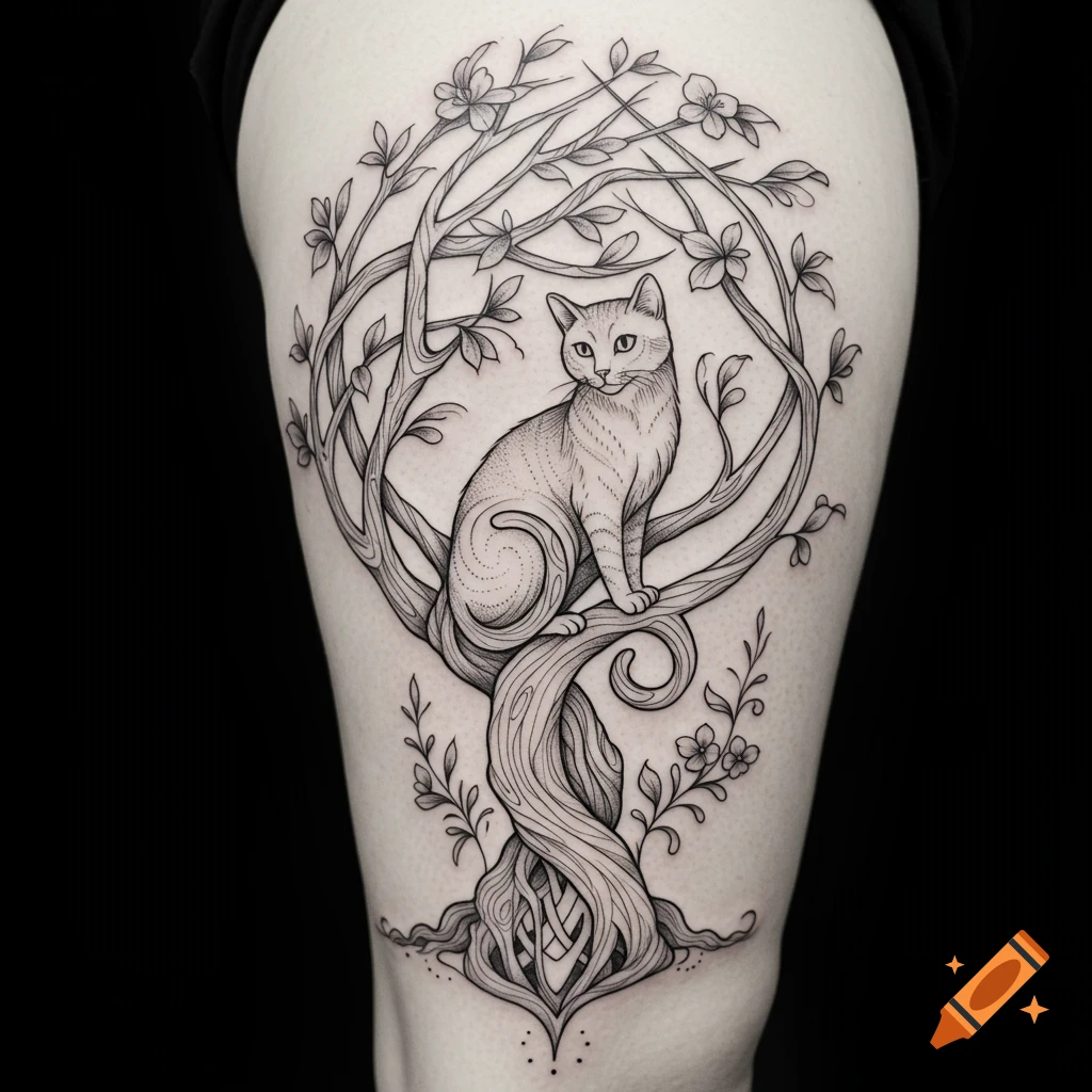 Detailed black and white tattoo of a cat sitting in a twisted tree with roots on a person's thigh.