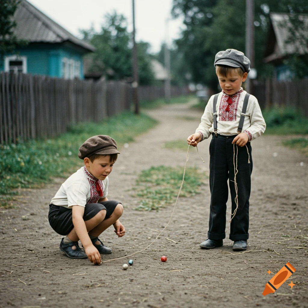 Two young boys in traditional clothing play with marbles and string on a dirt path in a village setting, 1970s photo style.