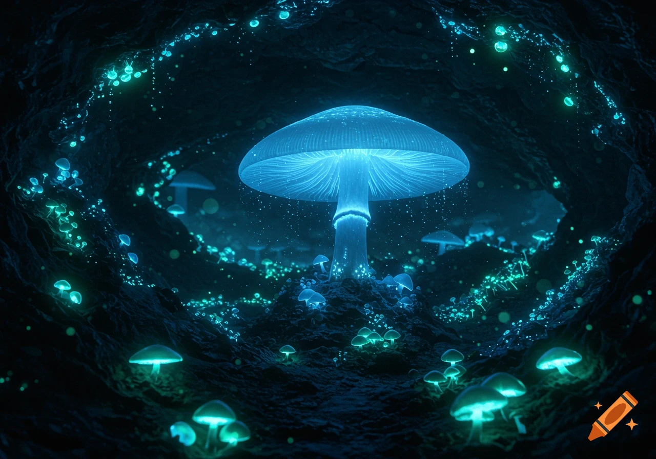 Bioluminescent mushrooms light up a dark underground cavern, with a large glowing blue mushroom at the center.