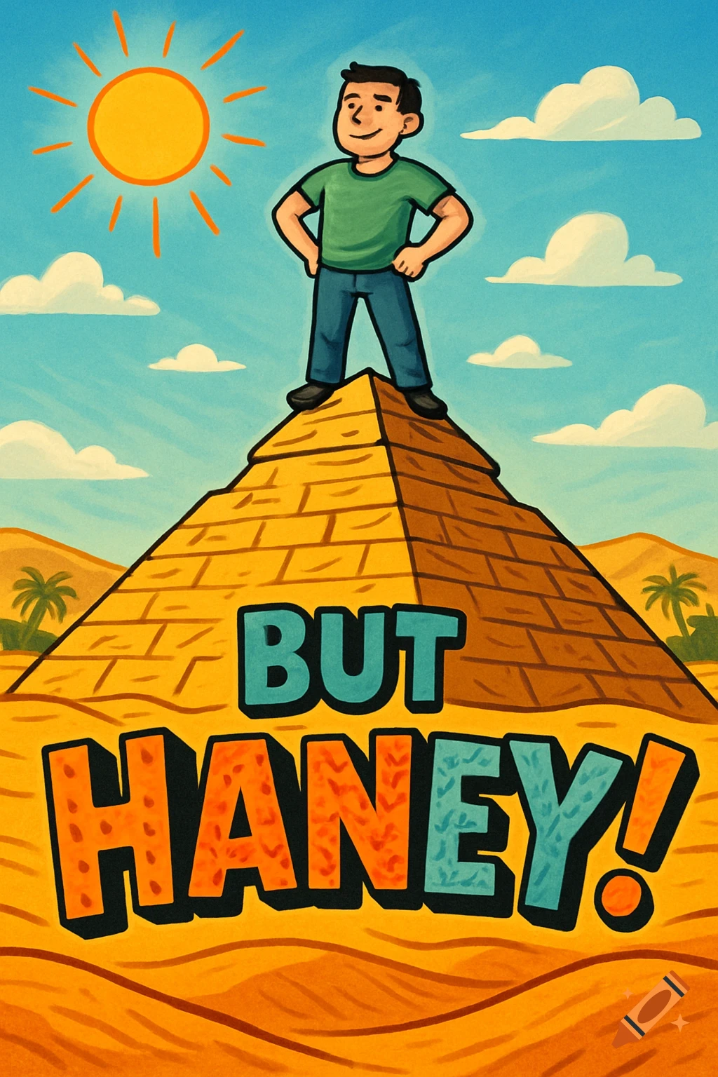 Cartoon man on a pyramid in the desert under a bright sun, with 'BUT HANEY!' text.