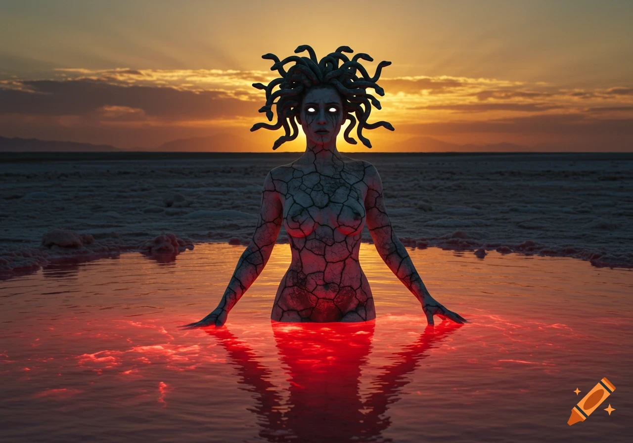 Photorealistic image of a Medusa-like woman with cracked stone skin standing in a glowing red salt lake at sunset.
