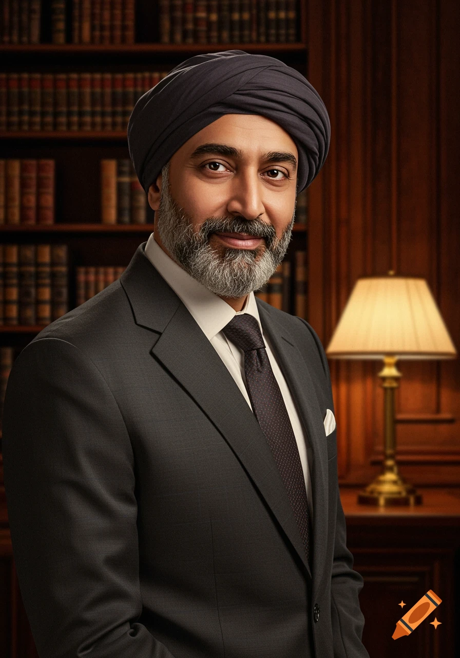 A photorealistic portrait of a man with a grey beard and dark turban, wearing a dark suit and tie, smiling in a library.