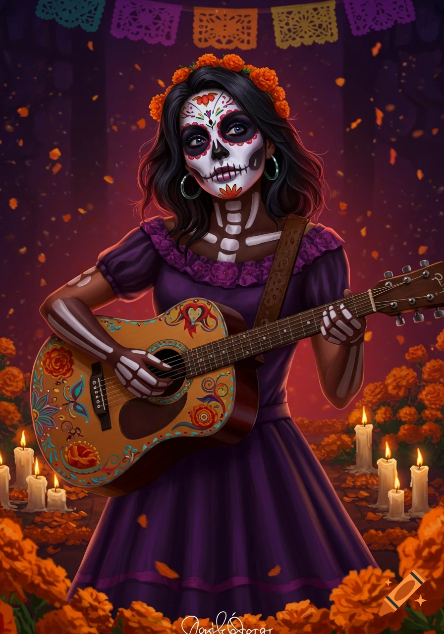 A vibrant illustration of a sugar skull woman in a purple dress playing an ornate acoustic guitar, surrounded by candles and marigolds.