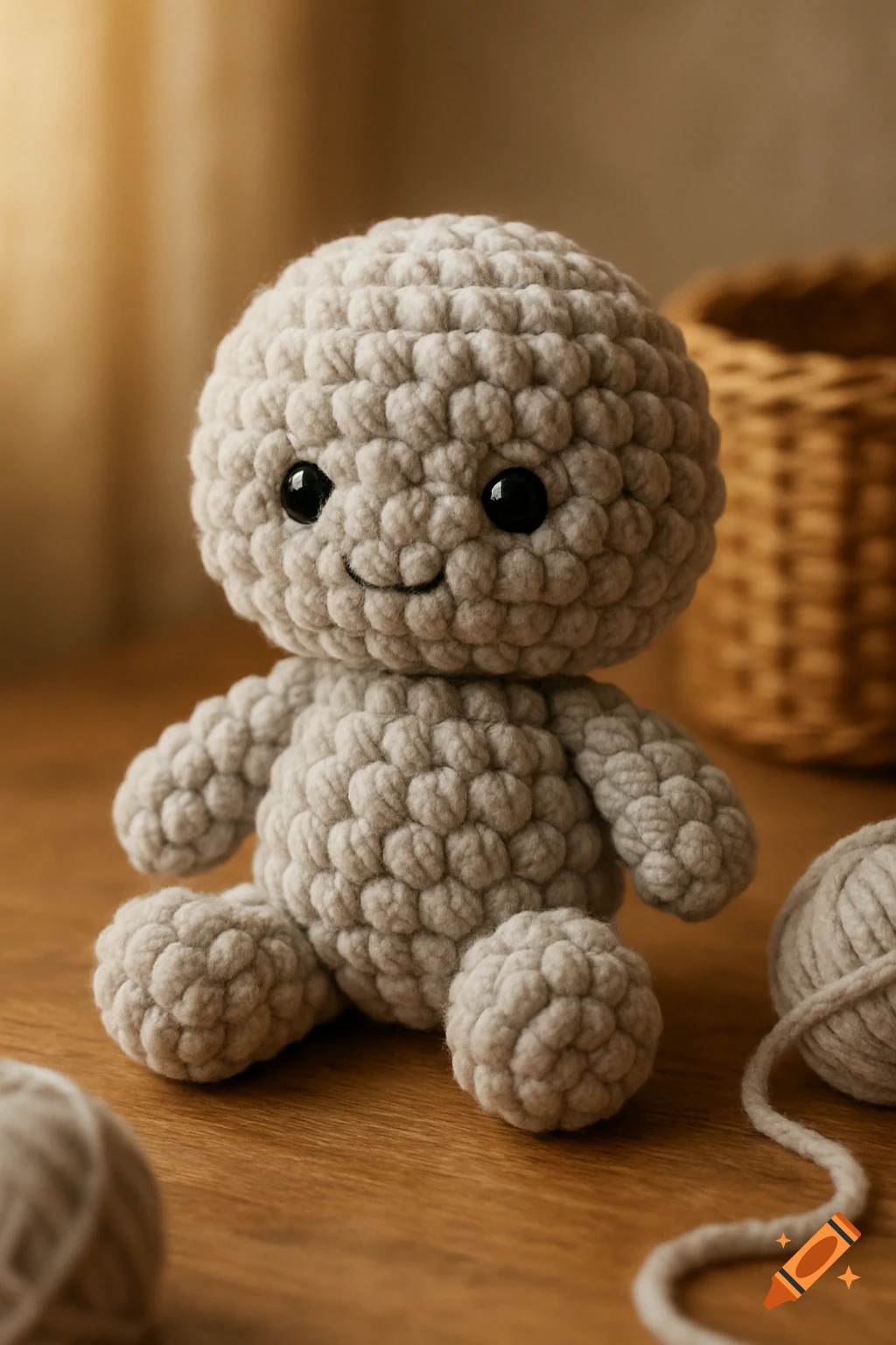 A close-up of a cute, grey, crochet toy with black eyes and a stitched smile, sitting on a wooden table with yarn balls.