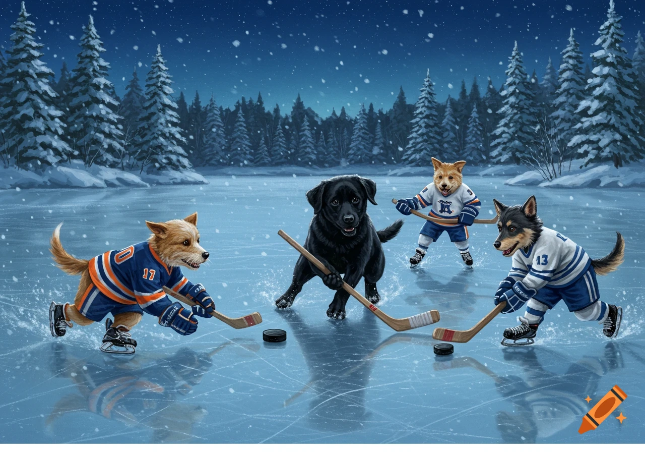 Illustrated dogs playing ice hockey on a snowy outdoor rink at night, surrounded by pine trees.