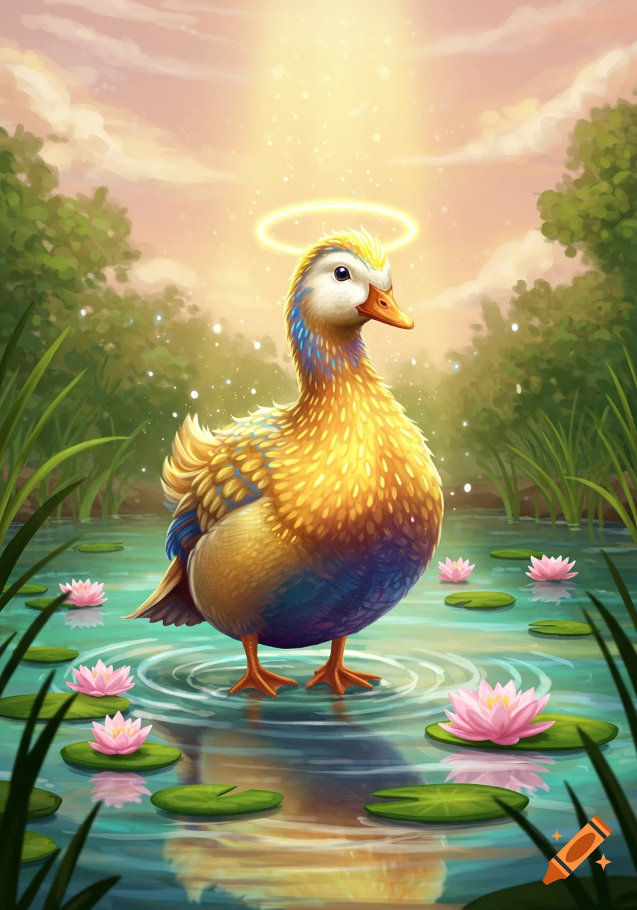 A colorful illustrated duck with golden feathers and a glowing halo stands in a pond with pink water lilies under a beam of light.