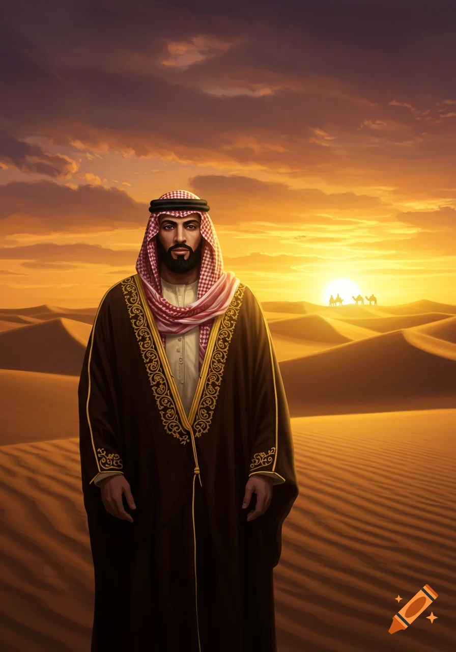 A man in traditional Middle Eastern attire stands in a desert at sunset, with camels in the distance.