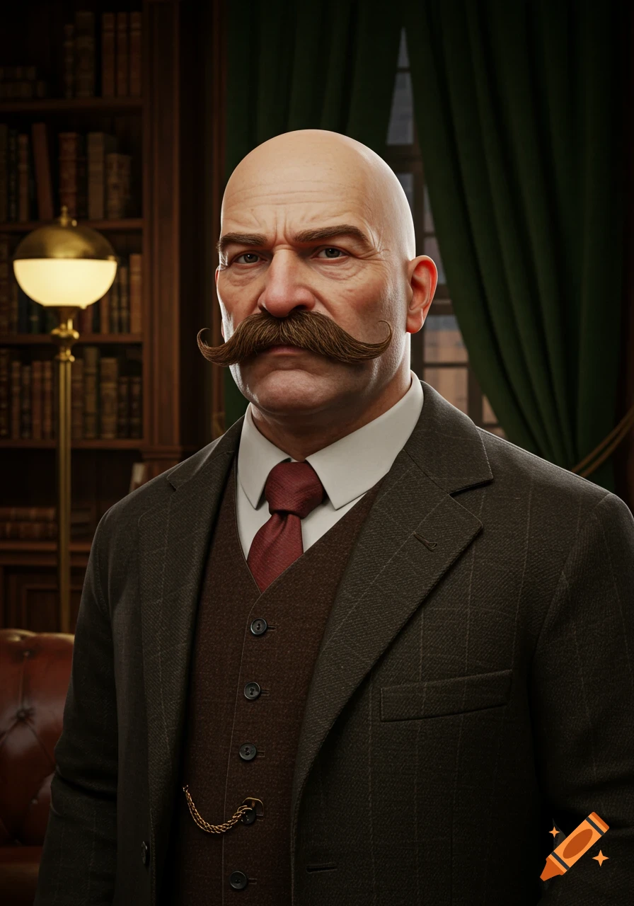 Photorealistic portrait of a bald man with a large walrus mustache in a dark suit and red tie, standing in a dim library.