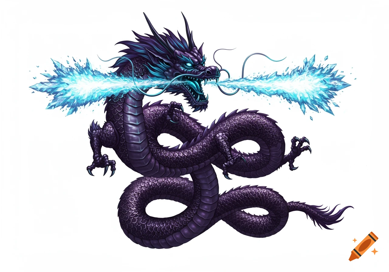 A dark purple metallic Asian-style dragon breathes blue electric and ice energy on a white background.